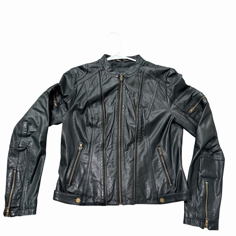 Black Rivet Women's Genuine Leather Moto Jacket Black Size Medium Zip